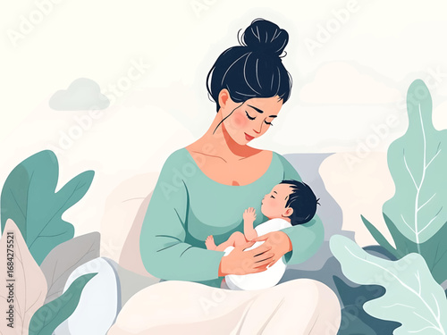 Modern vector illustration of a mother breastfeeding her baby with soft colors and minimal style, perfect for health campaigns, parenting blogs, and awareness materials