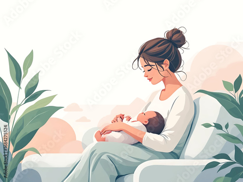 Modern vector illustration of a mother breastfeeding her baby with soft colors and minimal style, perfect for health campaigns, parenting blogs, and awareness materials