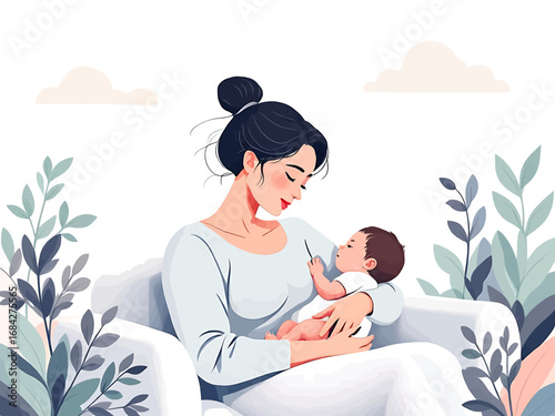 Modern vector illustration of a mother breastfeeding her baby with soft colors and minimal style, perfect for health campaigns, parenting blogs, and awareness materials