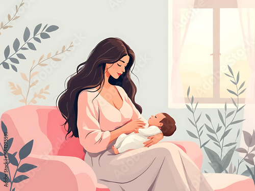 Modern vector illustration of a mother breastfeeding her baby with soft colors and minimal style, perfect for health campaigns, parenting blogs, and awareness materials