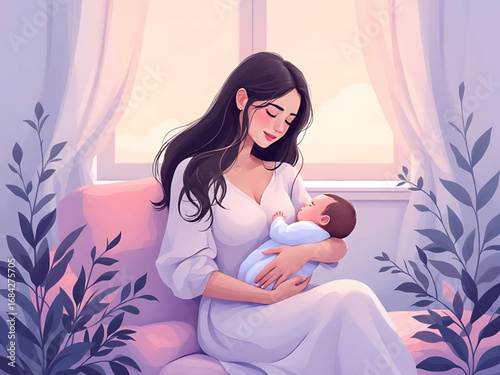 Modern vector illustration of a mother breastfeeding her baby with soft colors and minimal style, perfect for health campaigns, parenting blogs, and awareness materials