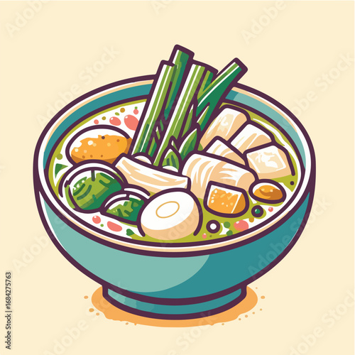 Cartoon Style Detail Bowl of Soup with Vegetables and Tofu