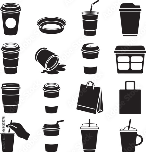 Assortment of disposable coffee cup and takeaway container icons with lids and straws vector