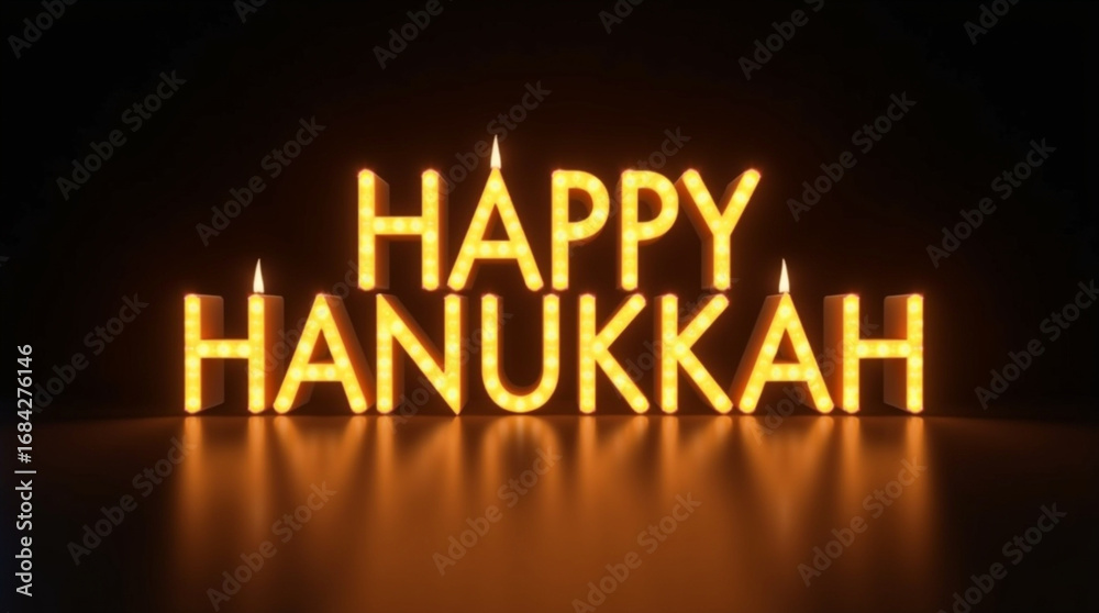 Obraz premium Festive happy hanukkah text with glowing candles on a dark background golden letters illuminate the scene, creating a warm and inviting atmosphere for holiday greetings and celebrations