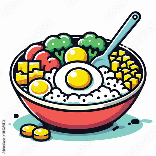 Flat Style Nutritious Bowl with Rice, Egg, Broccoli and Tomatoes