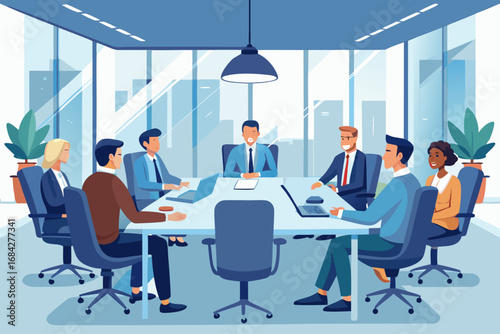 Diverse team collaborates effectively in modern conference room, driving business growth and innovation forward