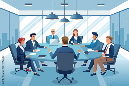 Diverse team collaborates in modern boardroom, discussing strategy and achieving success together.