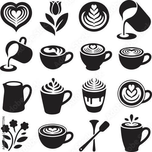 Coffee latte art and cafe icons in black silhouette style Keywords: coffee, latte art