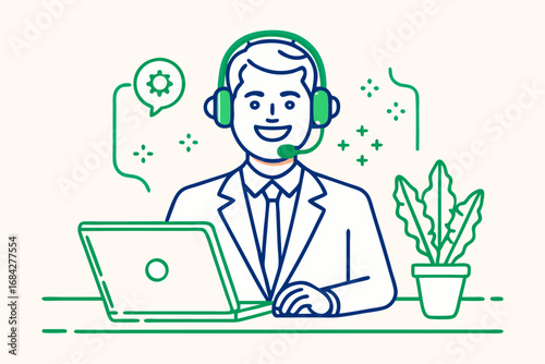 Friendly support agent with headset and laptop offers expert customer service assistance in modern office setting