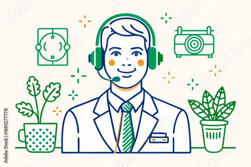 Friendly support agent with headset and plants, ready for customer service.