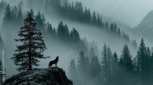 Wolf howling on a rock outcrop with foggy evergreen trees in the background.