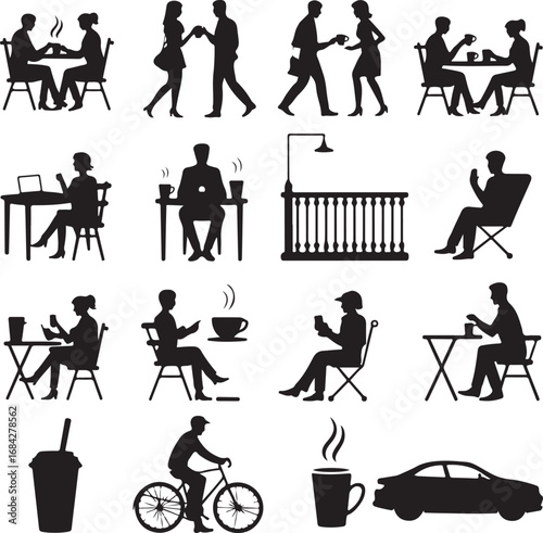 People in cafe and city life silhouette icons set coffee shop