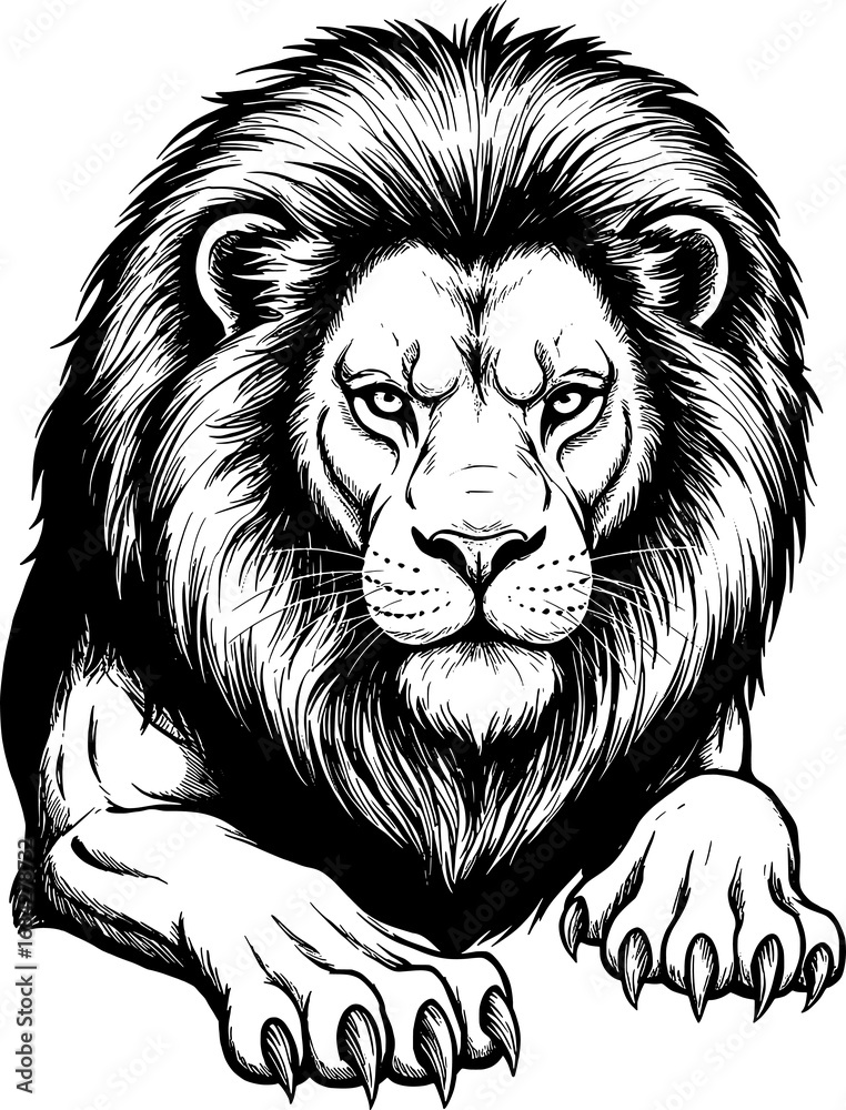 Fototapeta premium A majestic lion illustrated with detailed, dramatic lines. It has a full, luxurious mane and an intense gaze. The illustration evokes strength and pride.