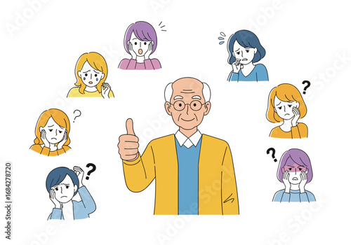 An older man offers a thumbs up surrounded by people expressing confusion and concern