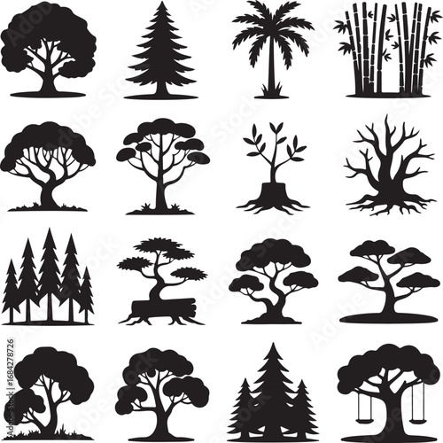 Various tree species and styles silhouette icons collection trees