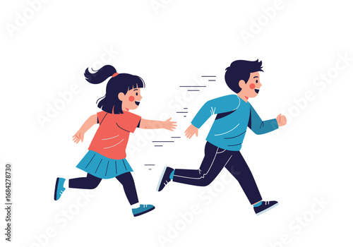 Two young children are enthusiastically running and playing an exciting game of tag outdoors in a sunny park on a beautiful day