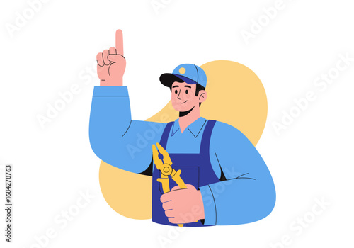 Skilled handyman with tools in hand pointing upwards offering a solution or idea for home improvement