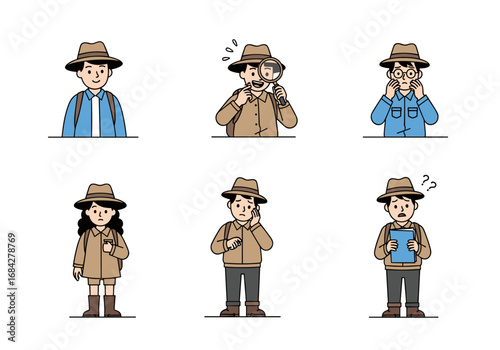 Illustrations of detectives and adventurers showcasing various emotions and actions with magnifying glasses and notebooks for investigation and discovery themes