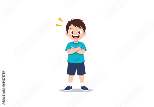 An adorable young boy standing confidently with his arms crossed and a joyful expression on his face