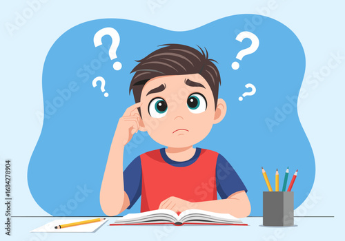 Young student struggling with difficult schoolwork feeling confused and overwhelmed by complex problems and questions