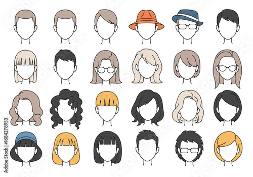 Collection of diverse stylized facial features and hairstyles for avatars and character design