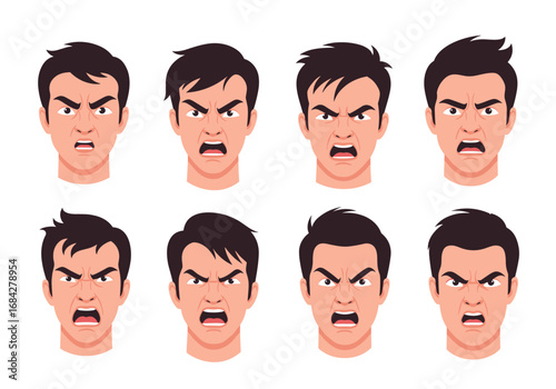 Collection of eight diverse expressive angry faces of a man showing strong negative emotions and frustration
