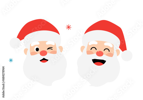 Two smiling cartoon santa claus heads with red hats and white beards celebrating the holidays