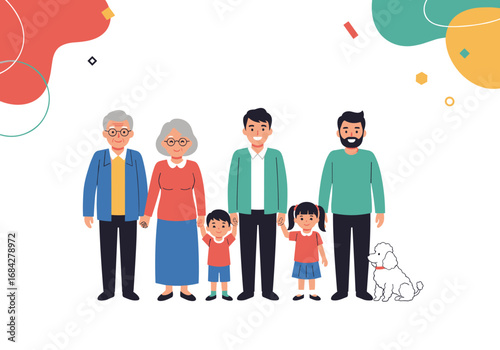A diverse family together with parents grandparents children and pet dog in colorful background representation