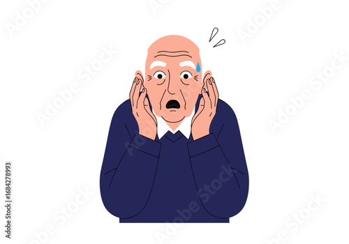 Elderly man's shocked expression portraying extreme surprise and overwhelmed sensation with hands covering ears