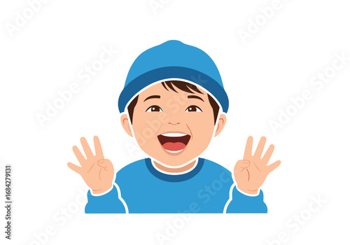 Happy young boy wearing blue sweater and hat showing all ten fingers with excited expression