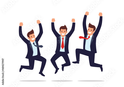 Three enthusiastic business professionals celebrating a major achievement with joyful jumps and raised arms