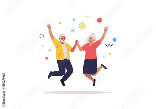 Joyful elderly couple celebrating life with energetic jumps and playful decorations signifying happiness and vitality