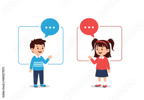 Children discussing ideas and sharing thoughts through speech bubbles representing conversation and communication skills development