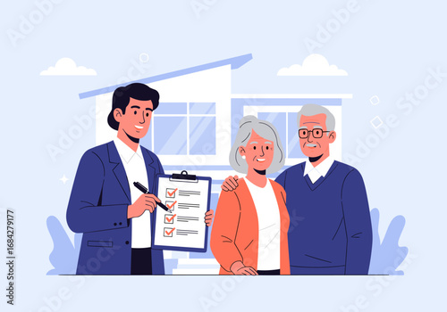 Real estate agent shows house checklist to happy senior couple buying new home