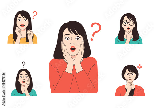 Illustrations of a young woman expressing a wide range of emotions and puzzled thoughts