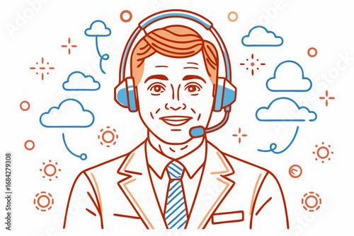 Friendly customer service agent with headset ready to assist with a smile and bright, modern graphics.
