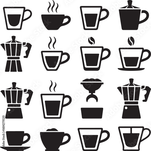 Set of black silhouette icons for coffee and espresso beverages hot drink