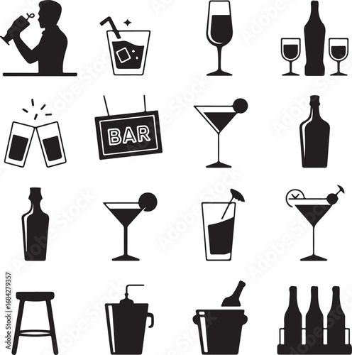 Collection of black silhouette icons representing bar and drink items drinks alcohol