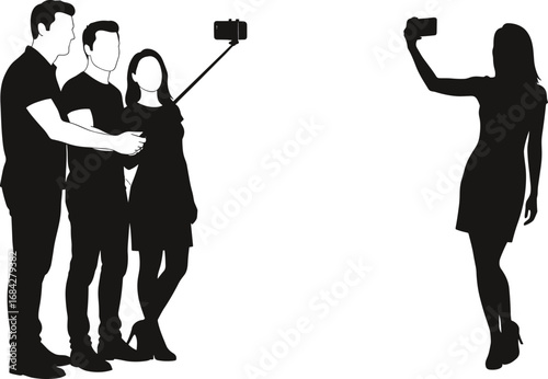 Group and Individual Taking Selfies with Smartphone and Stick Silhouette Vector Illustration Representing Social Media, Technology, and Modern Digital Lifestyle