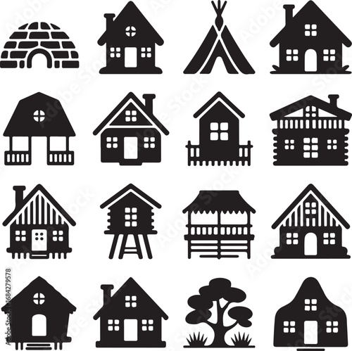 Collection of black silhouette icons representing different types of dwellings house home