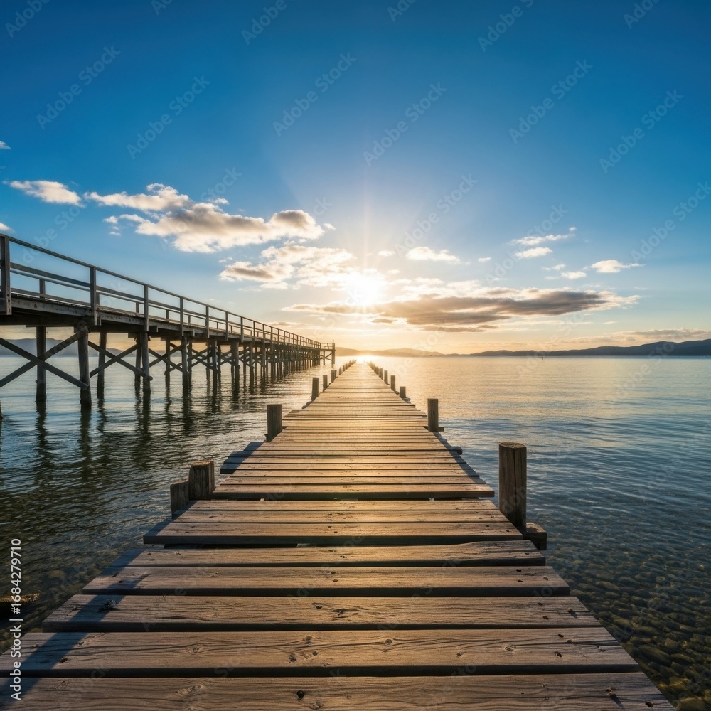 Fototapeta premium Serene Sunrise Over a Wooden Boardwalk Leading to the Horizon