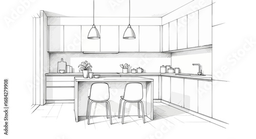 Sketchy Elegance: A Contemporary Kitchen Design Illustration in Detail