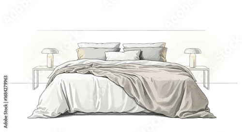 Aesthetic modern bedroom arrangement with bedside lamps and clean aesthetic