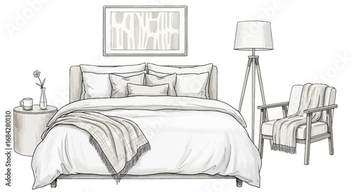 Comfortable bedroom illustration with bed, chair and decoration items