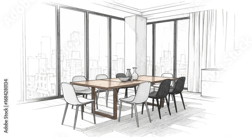 Chic dining area with stunning city views through large window panels