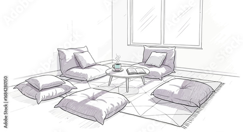 Comfortable indoor space with floor cushions and coffee table illustration