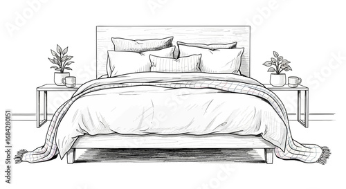 Comfortable Bedroom Sketch Illustration with Bedside Tables and Plants