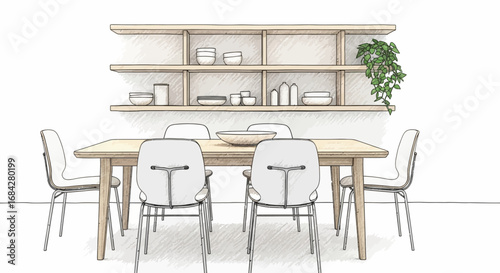 Contemporary Dining Room Sketch with Natural Wood and Minimalist Design
