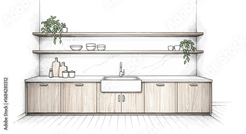 Cozy kitchen interior sketch with minimalistic style and natural elements