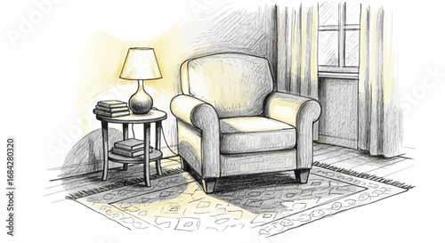 Cozy interior scene featuring armchair, table lamp and stacked books